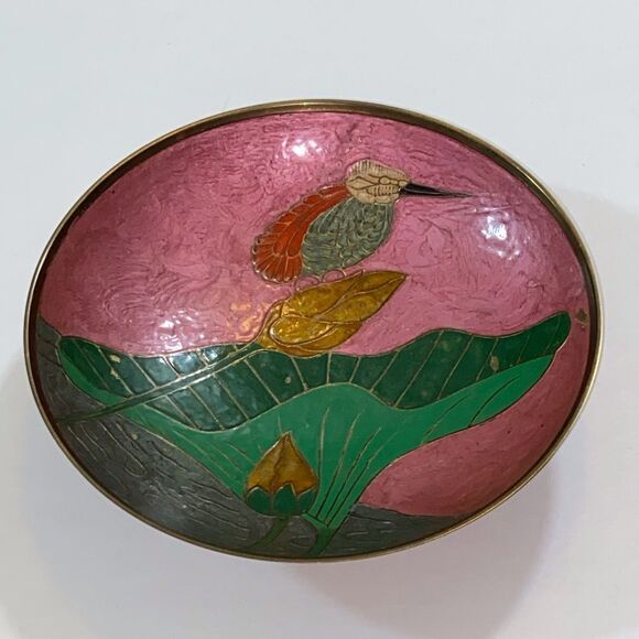 VTG,Cloisonne Brass Metal Enamel Hand Painted Hummingbird Flower Covered Bowl - Picture 13 of 15